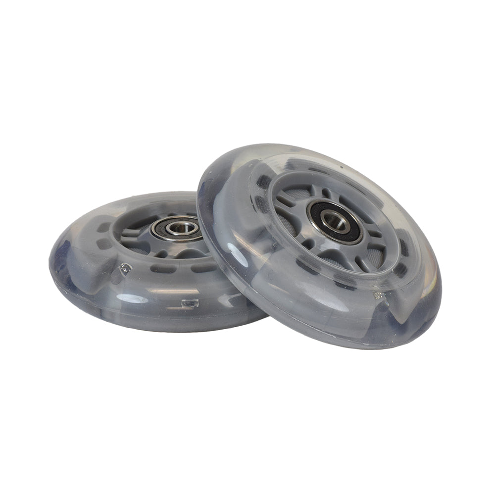 A pair of 100 mm / 98 mm Replacement Flashing Light LED Kick Scooter Wheels with Bearings, showcasing clear wheels with built-in LED lights, designed to fit various scooter brands.