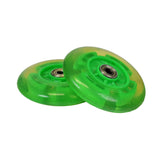 100 mm / 98 mm Replacement Flashing Light LED Kick Scooter Wheel with Bearings (Set of 2) featuring green plastic wheels with metal centers, designed to light up in red, green, and blue when spinning.