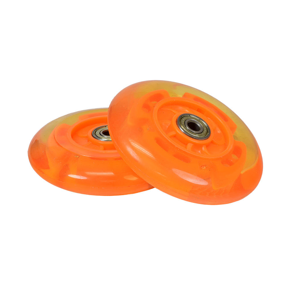 100 mm / 98 mm Replacement Flashing Light LED Kick Scooter Wheel with Bearings (Set of 2) showing two orange plastic discs with clear, light-up wheels, ideal for various scooter brands.