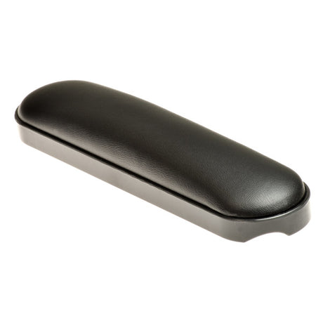 9-1/8 x 2 Black Upholstered Armrest Pad for mobility scooters and power chairs, featuring a sleek black leather cover with four mounting holes for versatile attachment.