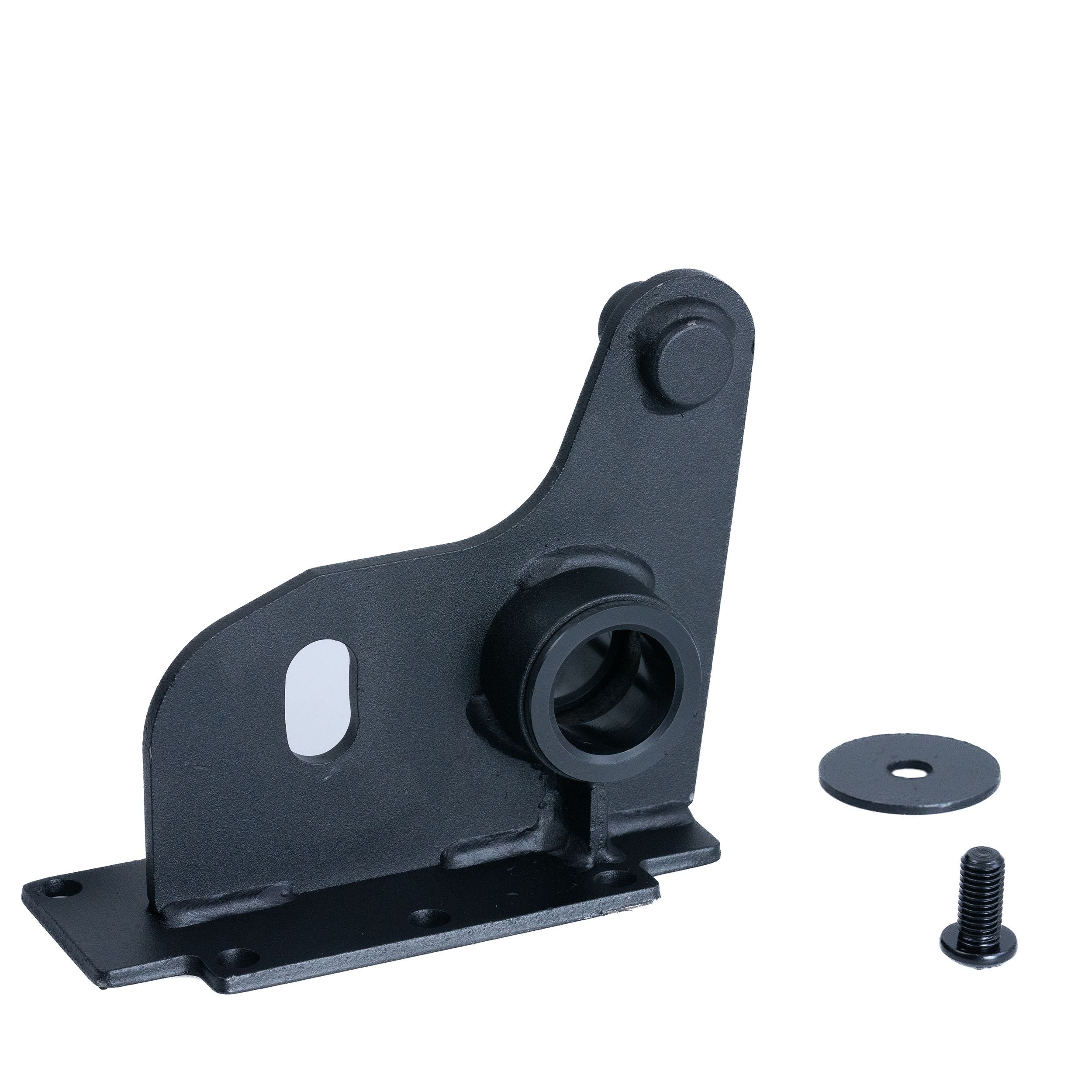 Motor Mounting Plate Left Side for the Jazzy 614 HD, featuring a black metal piece with a screw, nut, and several holes, designed for secure motor attachment.