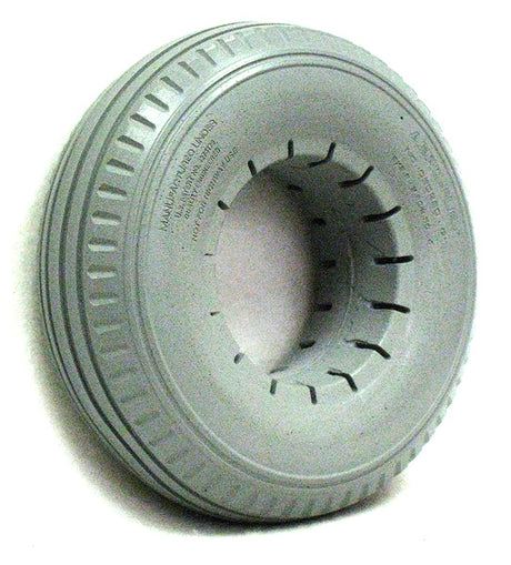 9x2-3/4 (280-250x4) Light Gray Solid Urethane Mobility Tire with Sawtooth Tread, featuring a white wheel center and multiple holes for durability.