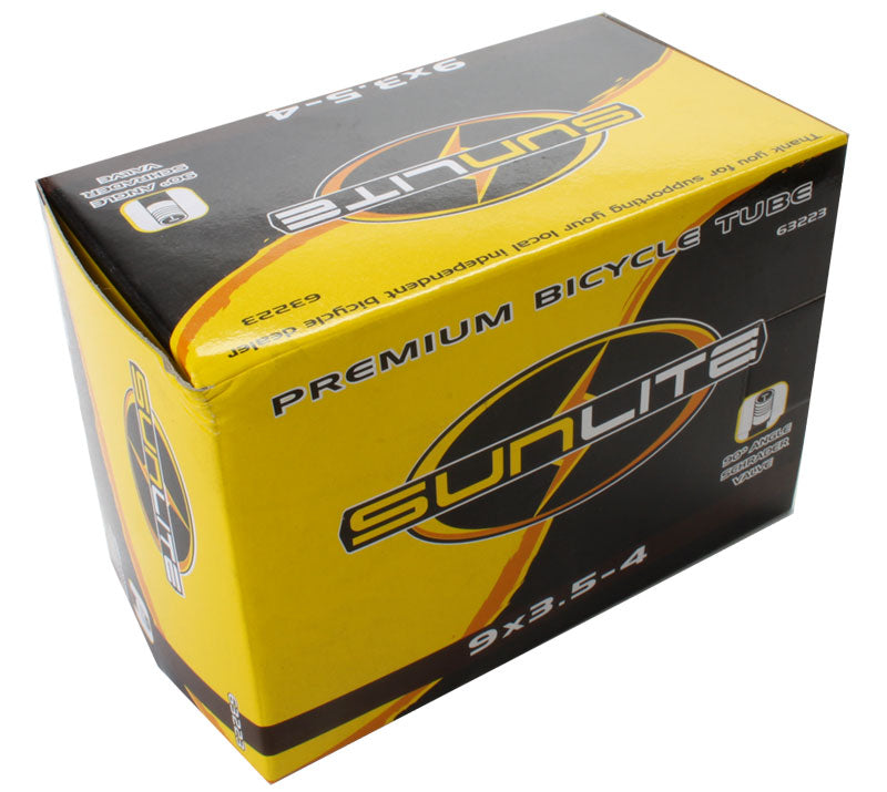 9x3.5-4 Bicycle Inner Tube with Angled Valve from Sunlite, shown in its yellow and black packaging, ready for replacement in your bike.