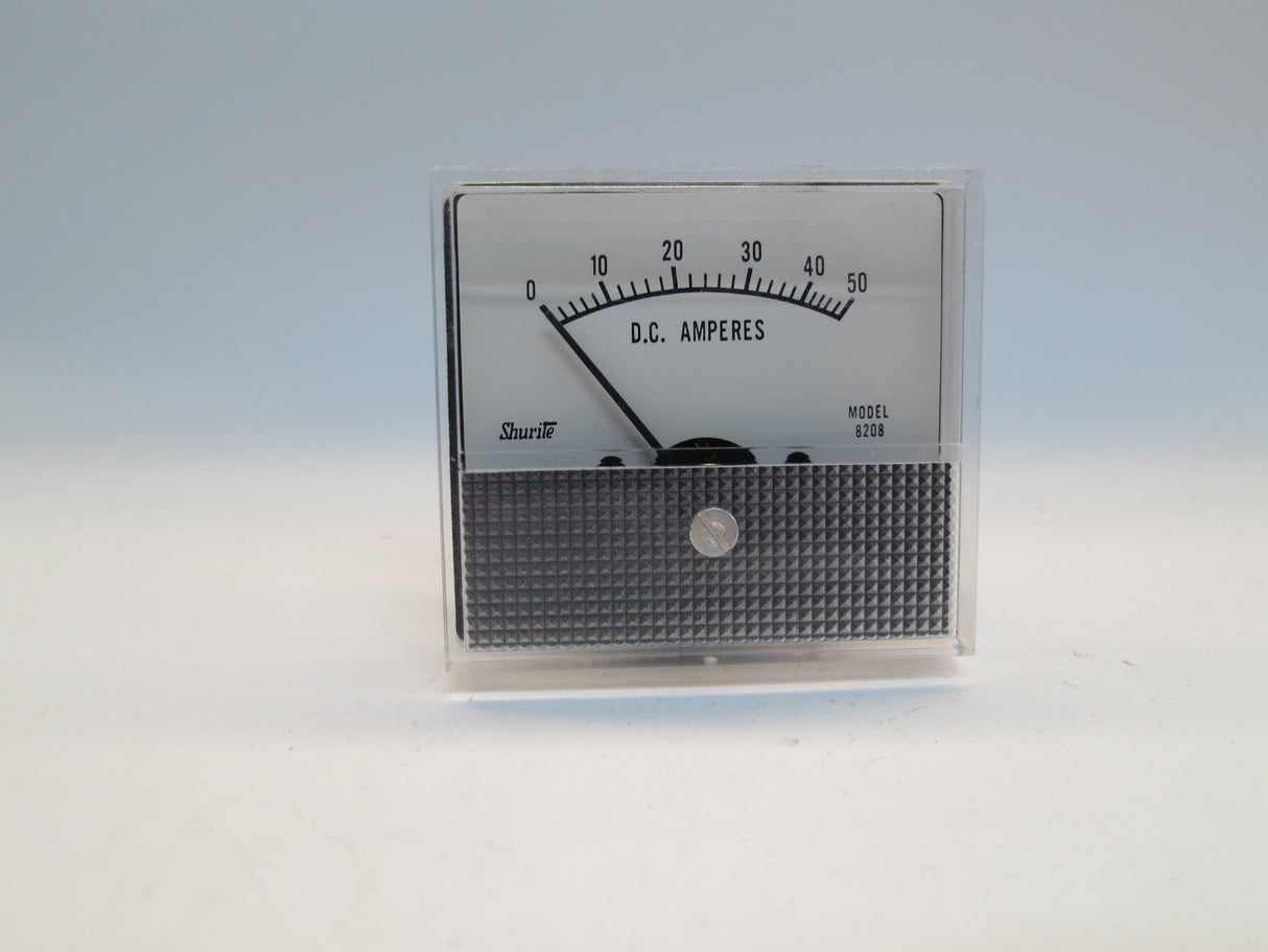 DC Ammeter with Range up to 50 Amps (Missing Hardware) close-up view showing the analog dial, metal scales, and measurement markings.