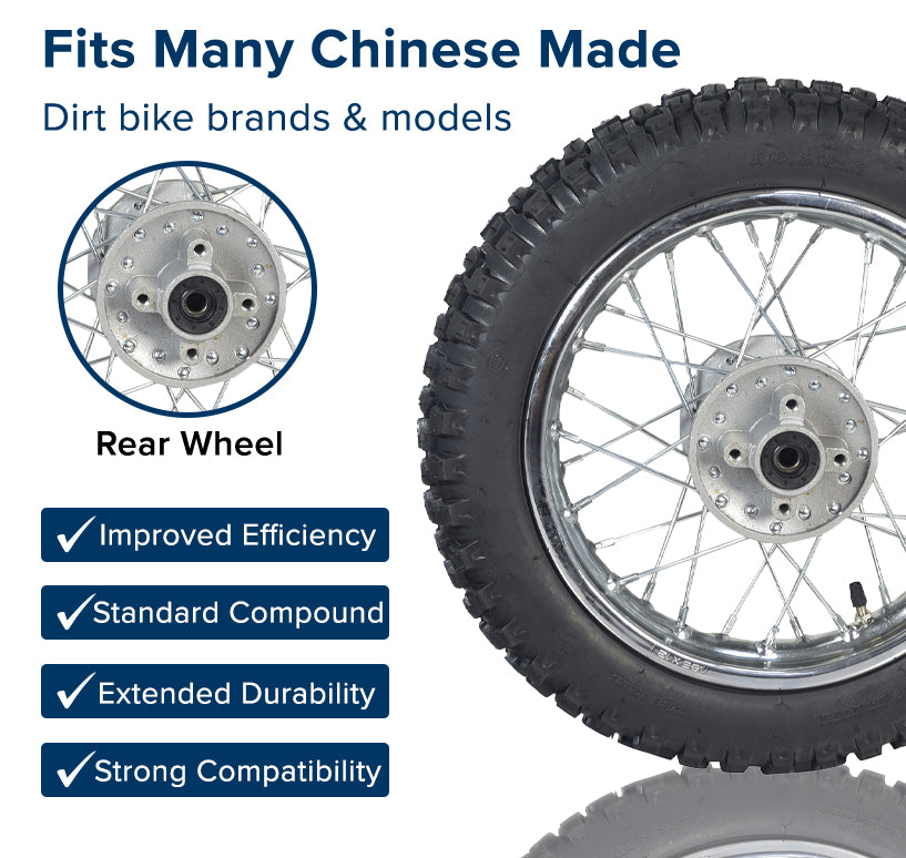 12 (3.00-12) Rear Rim & Tire Wheel Assembly for Dirt Bikes with Disc Brakes (Version 1) (Blemished) showing a close-up of the spoked rim, knobby tread tire, hub, and bearing.