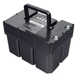 BAT2004389 - Jazzy EVO 613Li 25.6V 32.4Ah lithium battery pack with the carry handle raised, showing the terminal posts and black case.
