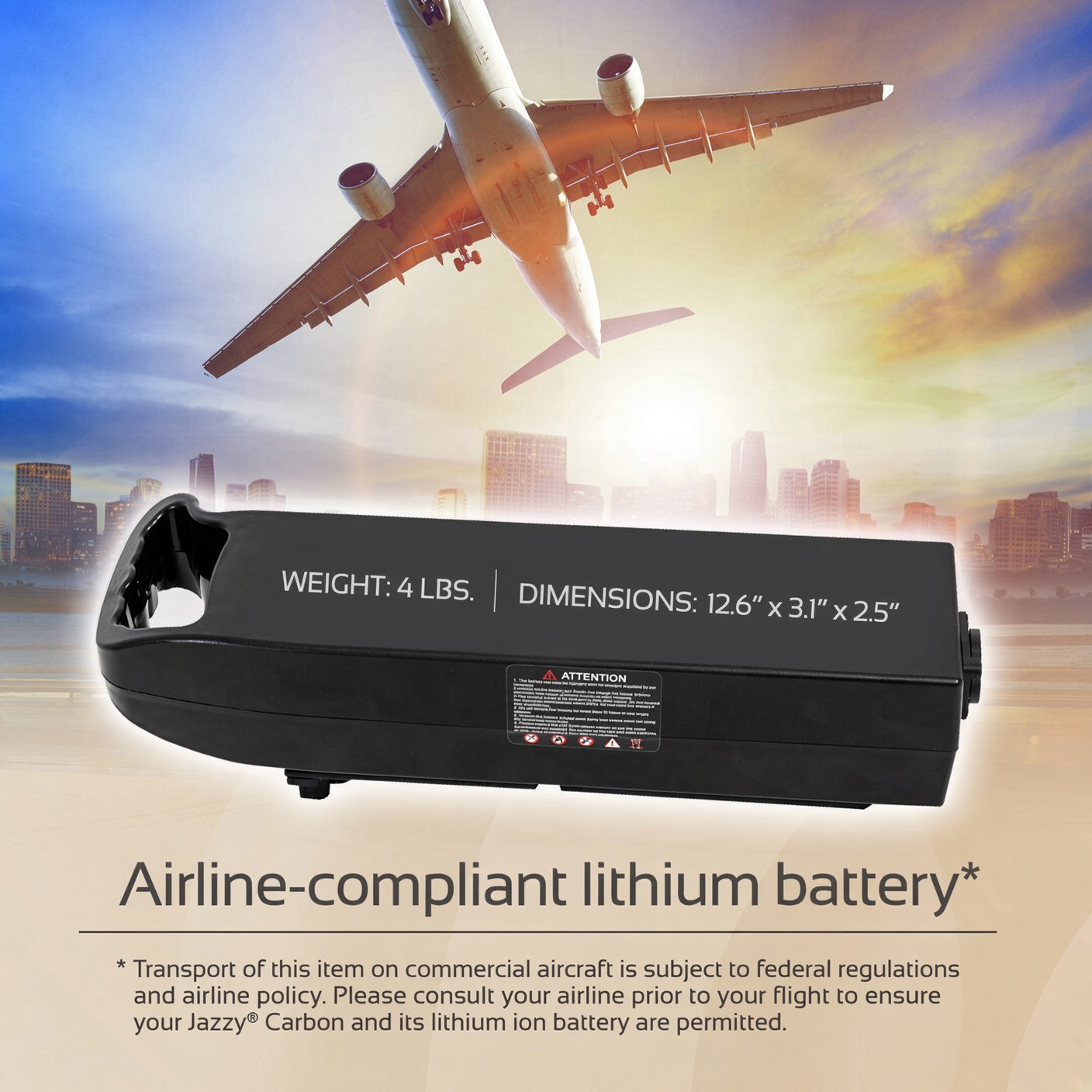 Airline compliant lithium battery detail for the Jazzy Carbon travel power chair, monster view