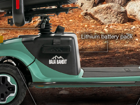 Baja Bandit lithium battery box assembly installed on the off road mobility scooter
