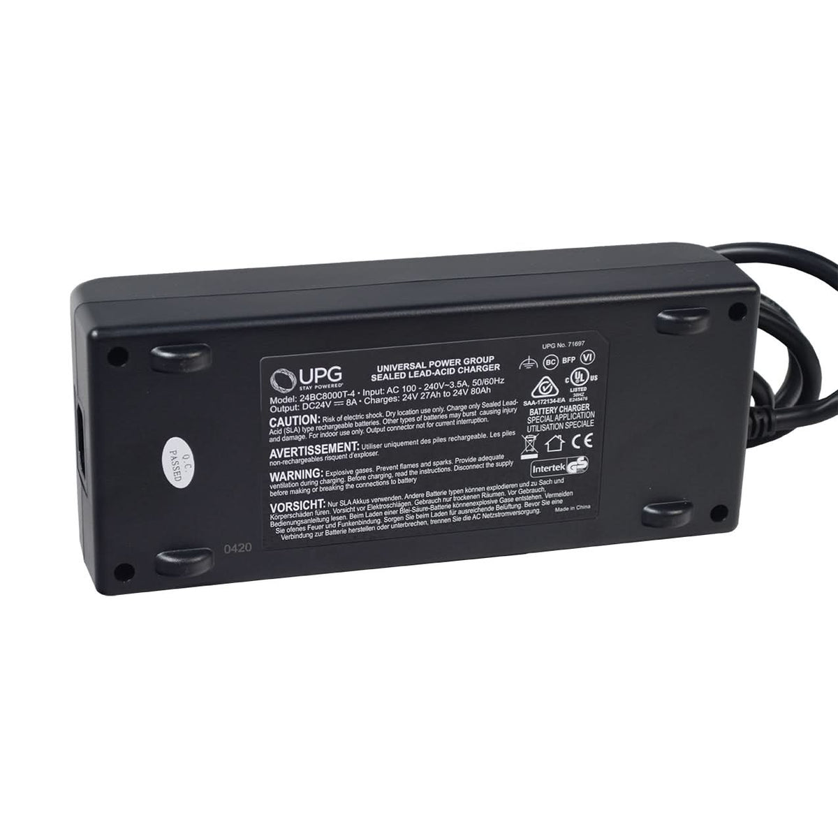 Underside view of the charger housing showing the UPG specification label