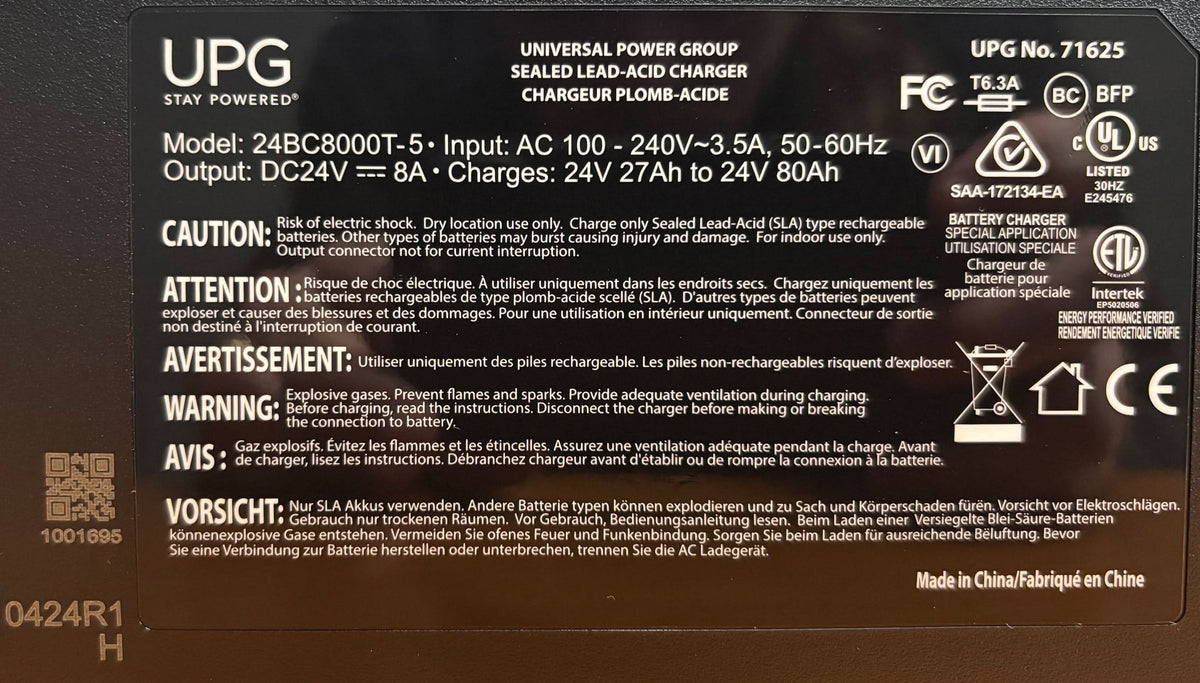 Charger data plate listing UPG specifications, input and output ratings, and UL Listing
