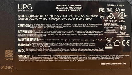 Charger data plate listing UPG specifications, input and output ratings, and UL Listing