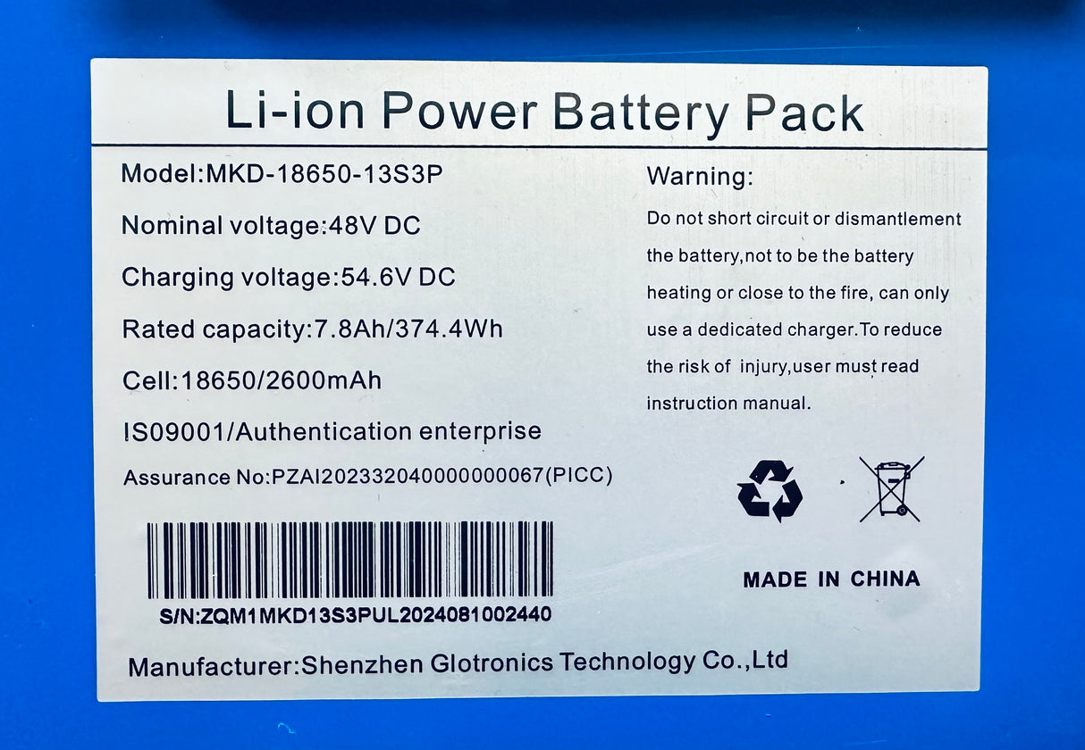 54.6 Volt 7.8 Ah Li-ion Battery for the Caroma Z2 Electric Scooter