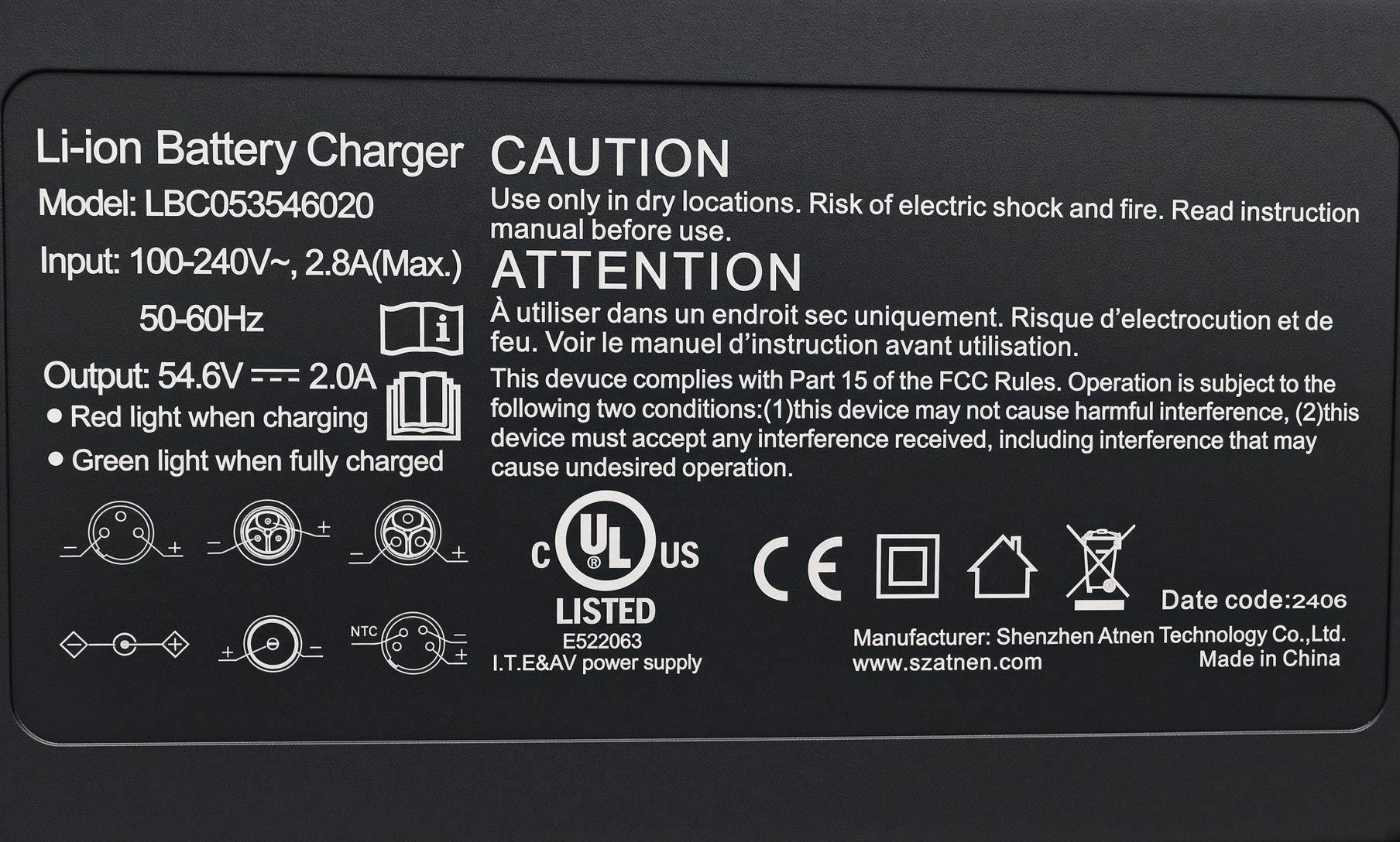 54.6 Volt 2.0 Amp Coaxial Lithium Battery Charger for Caroma P1, P5, & P7 Electric Scooters