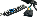 Caroma throttle connector with Monster logo keychain and electrical connector on a white surface