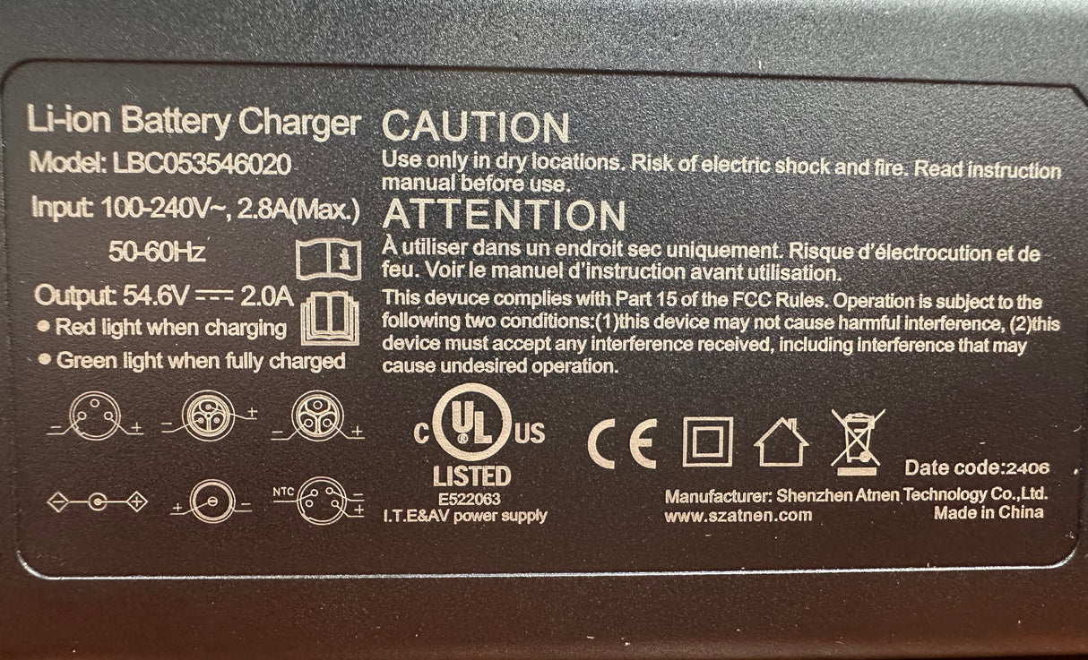 Charger for the Caroma P1 P5 P7 specifications label, 54 volts 2.0 amp output