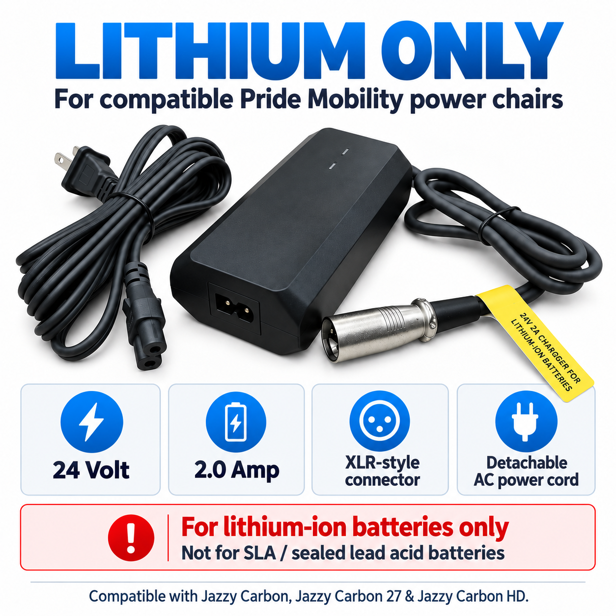ELE2506208 - 24 Volt 2 Amp Lithium-Ion Battery Charger for the Jazzy Carbon, Carbon 27, & Carbon HD