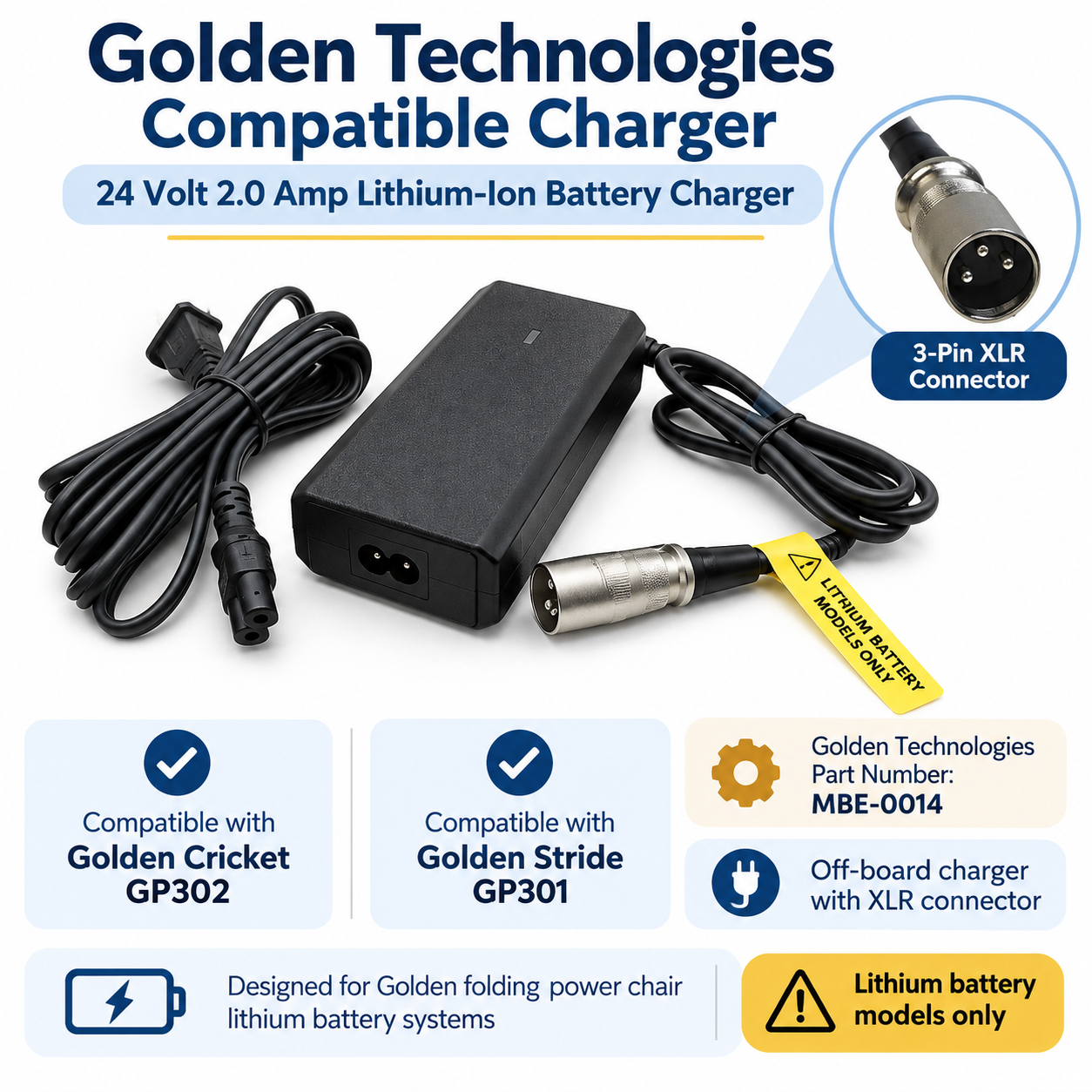 MBE-0014 - 24 Volt 2.0 Amp Lithium Ion Battery Charger for the Golden Cricket (GP302) and Golden Stride (GP301) Power Chairs