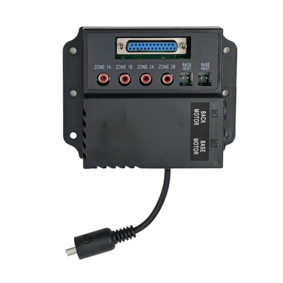 Top view of Pride ELEASMB7219 heat & massage control box showing base and back motor labels, base/back heat ports, massage zone 1A-2B jacks, and 25-pin hand control connector