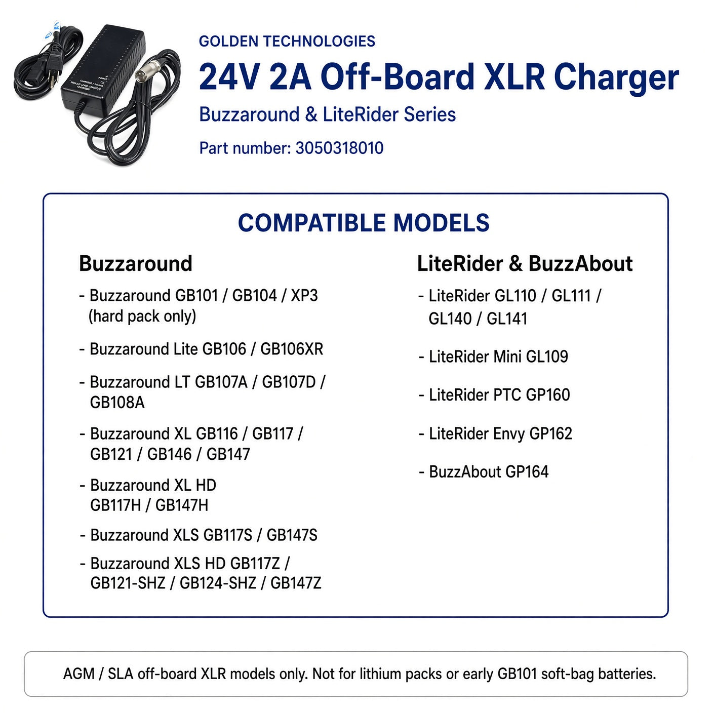 A product information graphic for a Golden Technologies 24V 2A Off-Board XLR Charger, showing the black power adapter and cable, along with a compatibility table listing Buzzaround and LiteRider models.