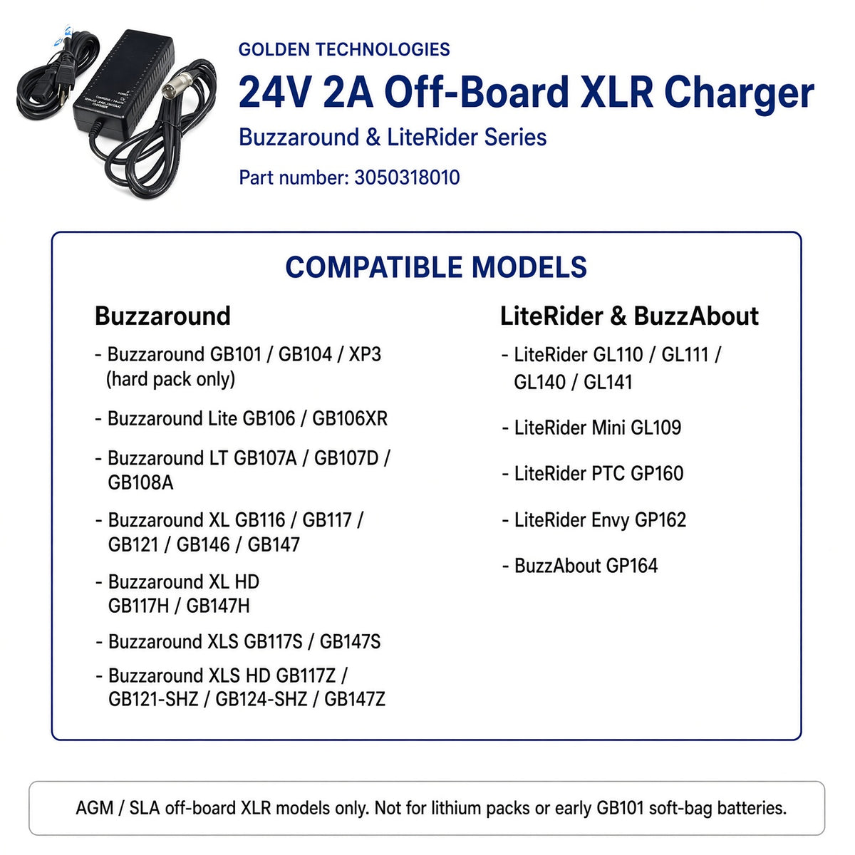 A product information graphic for a Golden Technologies 24V 2A Off-Board XLR Charger, showing the black power adapter and cable, along with a compatibility table listing Buzzaround and LiteRider models.