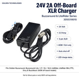 A 24V 2A off-board XLR charger by Golden Technologies, shown with its attached black power cord and connector cable on a white background. The image includes product specifications and compatibility text for Golden Buzzaround, Buzzaround Lite, XL, XLS, XLRider, LiteRider Mini, PTC, Envy, and BuzzAbout models.