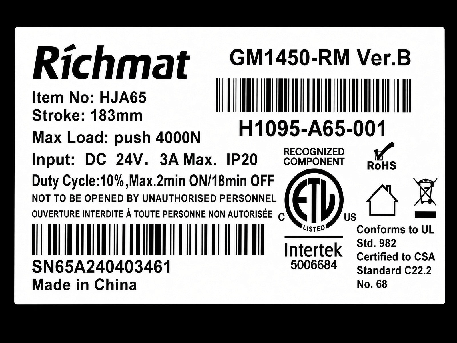 Specifications label for a Golden lift chair motor made by Richmat HJA65