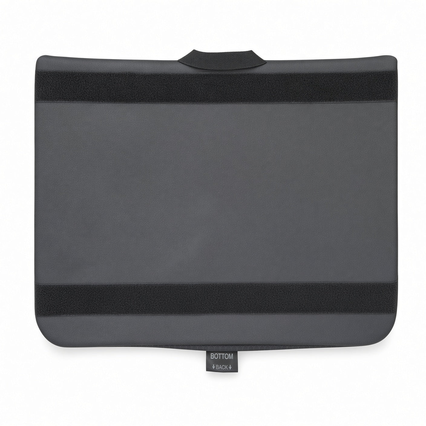 A dark gray and black Spectrum Glacial seat cushion, used for power chair Quantum & Jazzy) A small tag at the bottom reads 'BOTTOM STAND 2'.