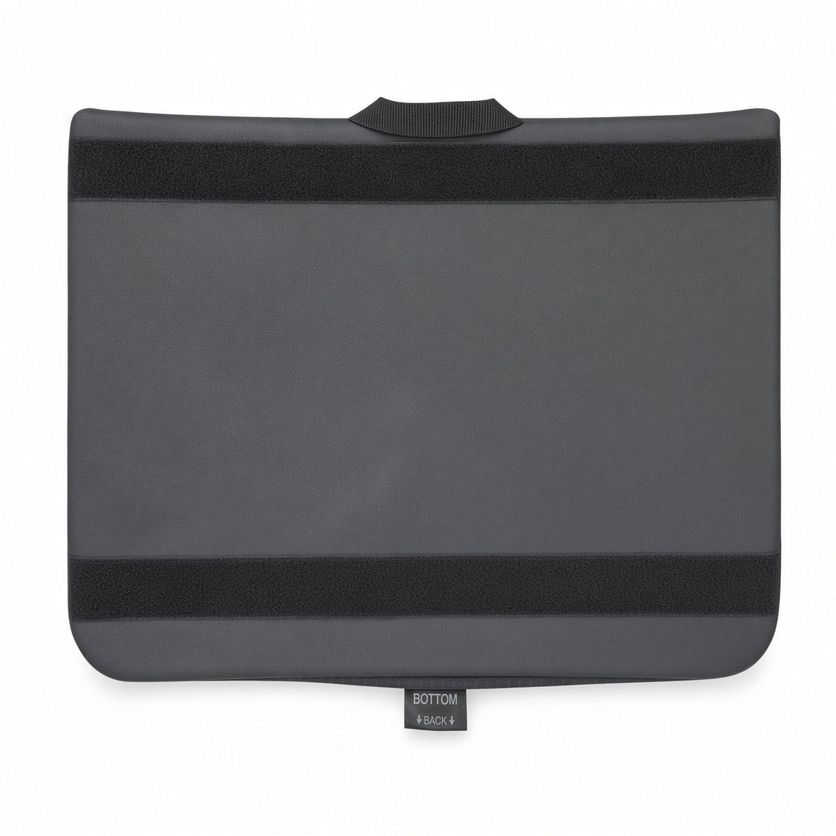 A dark gray and black Spectrum Glacial seat cushion, used for power chair Quantum & Jazzy) A small tag at the bottom reads 'BOTTOM STAND 2'.