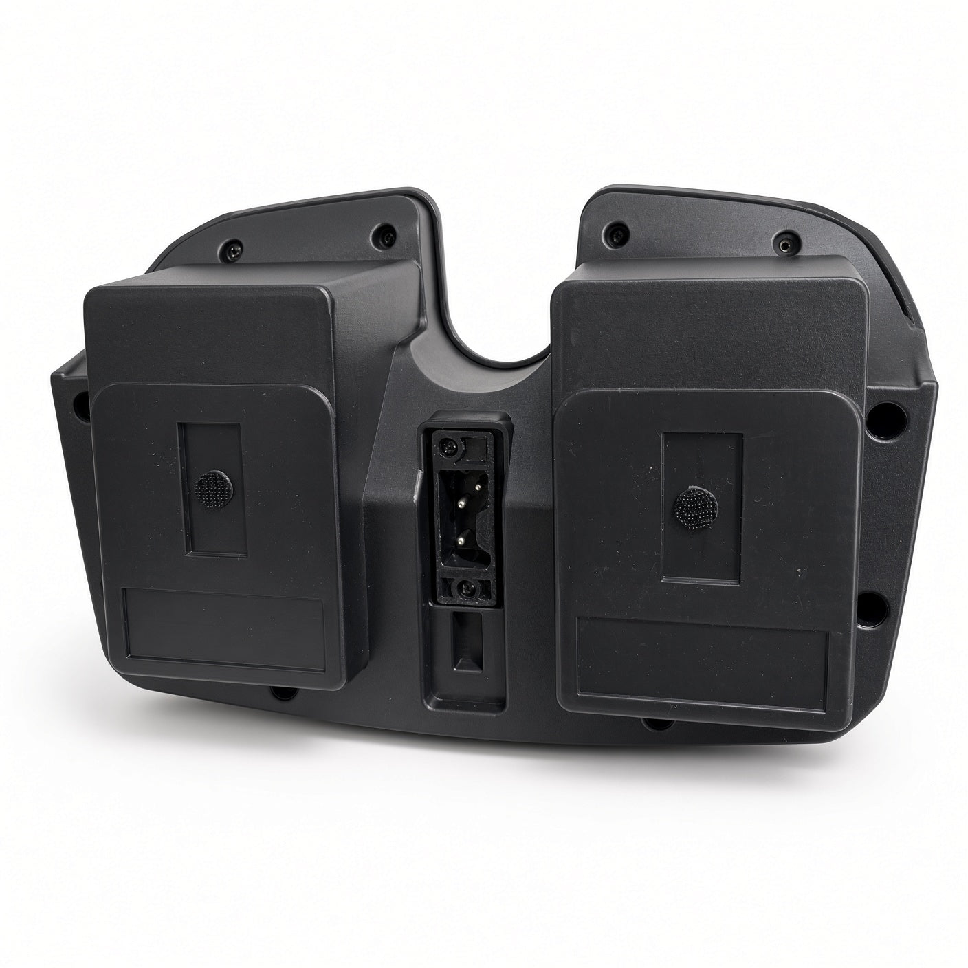 Bottom view of the Golden Buzzaround XL (GB121) battery box, showing the two battery compartments and the center connector that plugs into the scooter.
