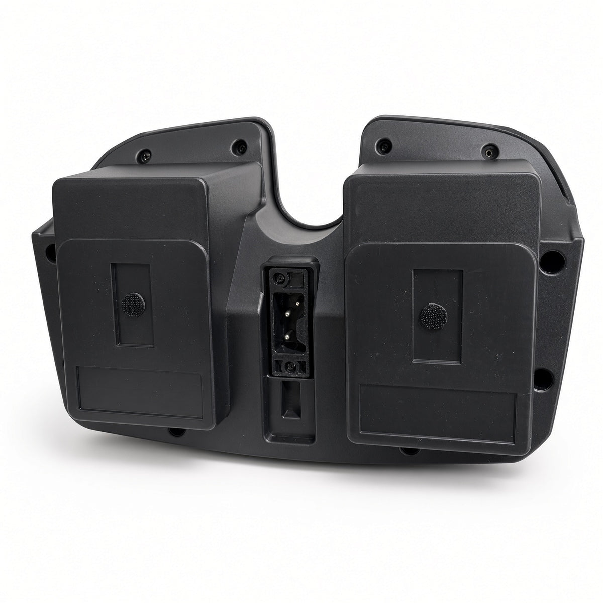 Bottom view of the Golden Buzzaround XL (GB121) battery box, showing the two battery compartments and the center connector that plugs into the scooter.