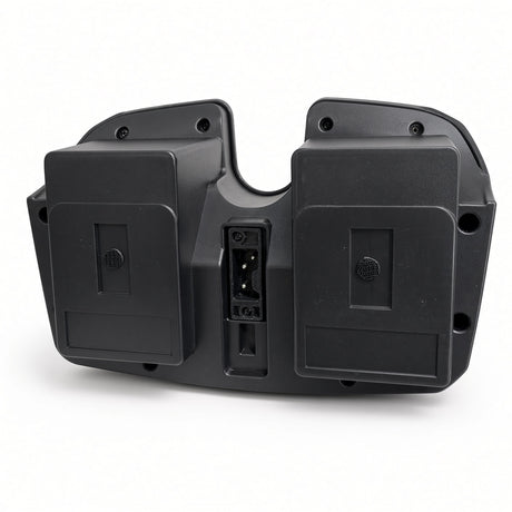 Bottom view of the Golden Buzzaround XL (GB121) battery box, showing the two battery compartments and the center connector that plugs into the scooter.