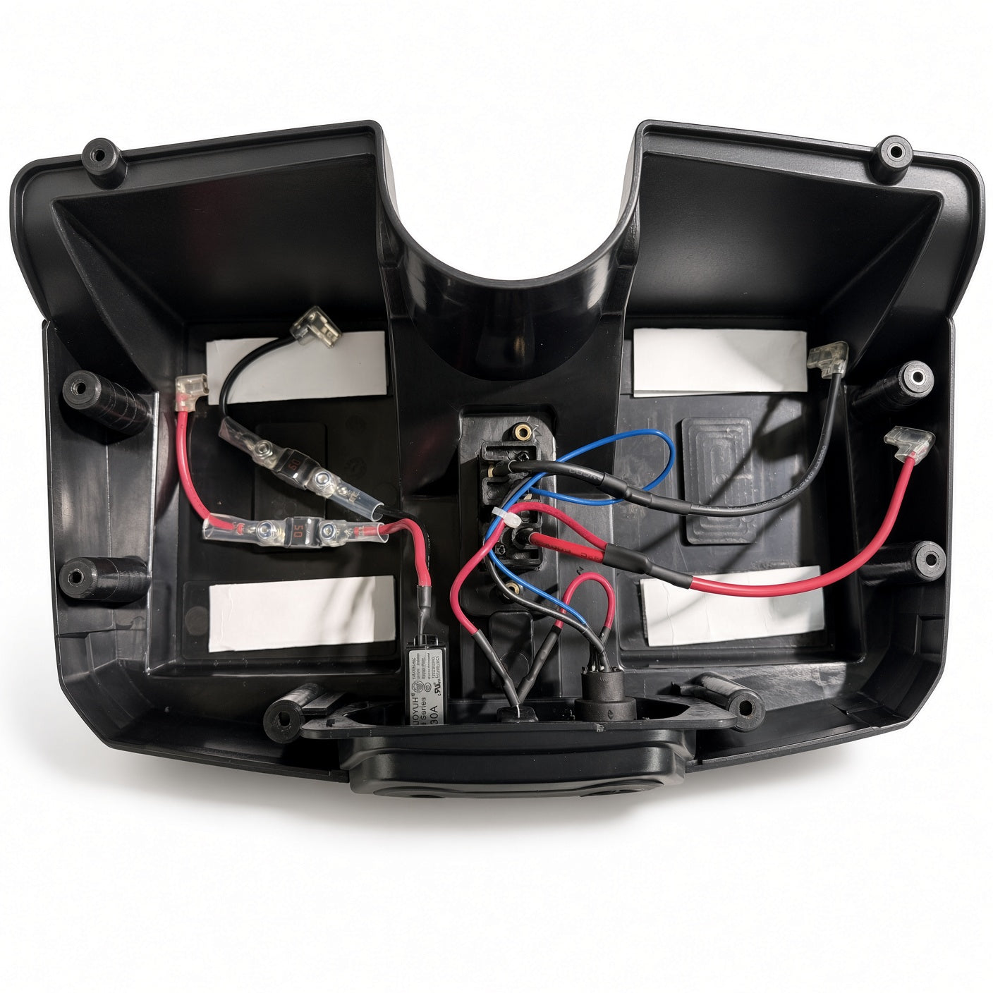 Inside the empty Golden Buzzaround XL (GB121) battery box, showing the wiring harness and battery terminals ready for your own SLA batteries.