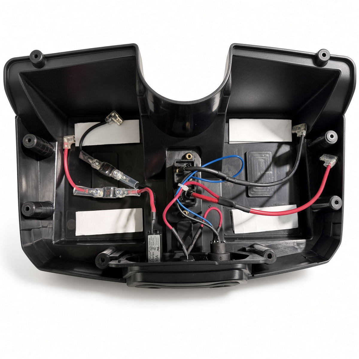 Inside the empty Golden Buzzaround XL (GB121) battery box, showing the wiring harness and battery terminals ready for your own SLA batteries.