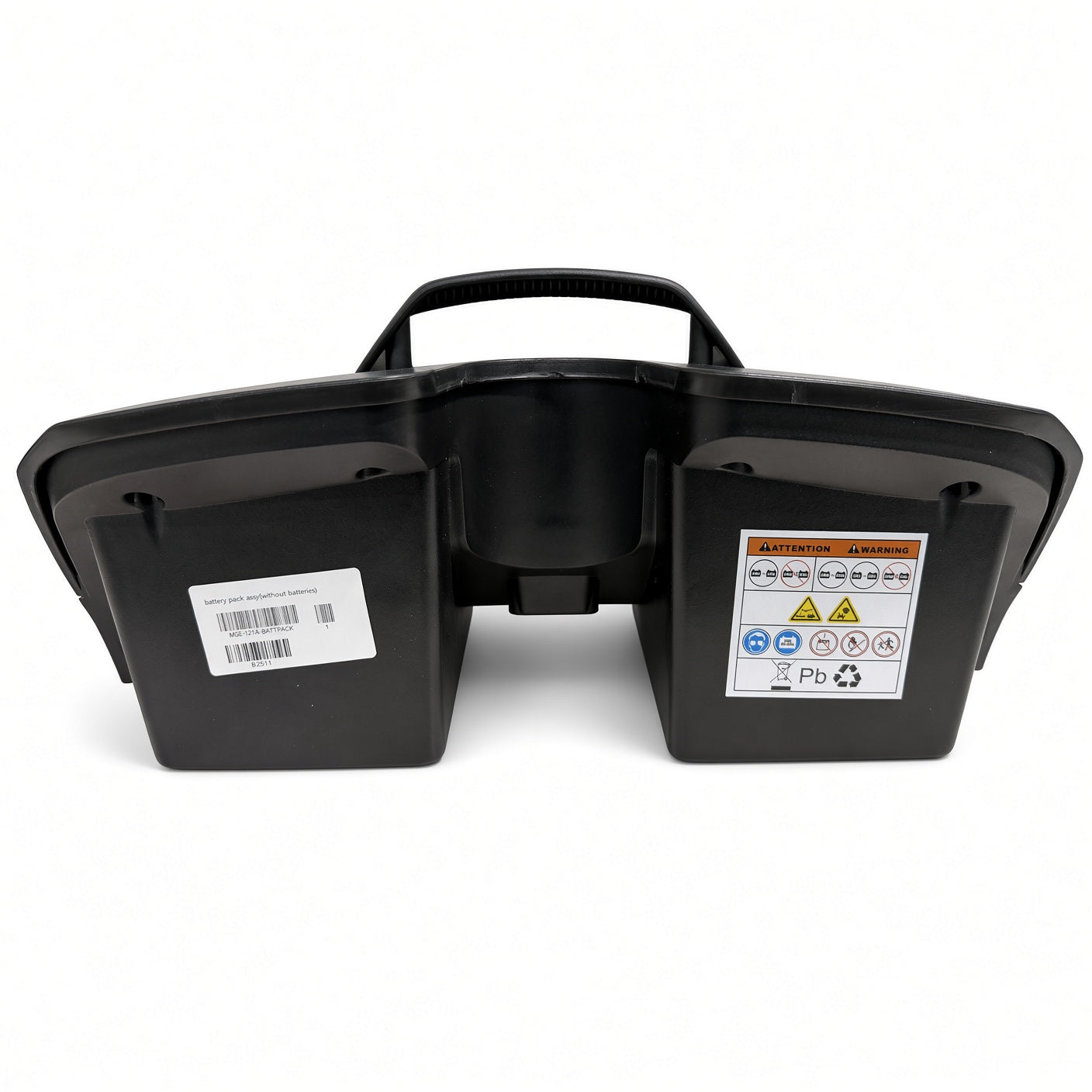Golden Buzzaround XL (GB121) battery box standing upright, rear view showing the carry handle, part label and battery warning label.