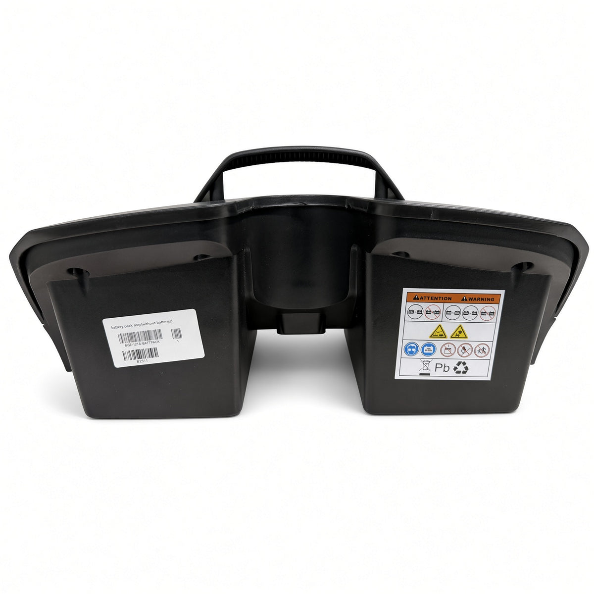 Golden Buzzaround XL (GB121) battery box standing upright, rear view showing the carry handle, part label and battery warning label.