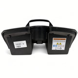 Golden Buzzaround XL (GB121) battery box standing upright, rear view showing the carry handle, part label and battery warning label.