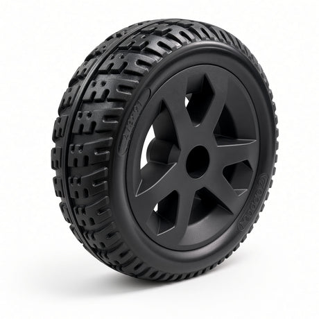 Golden Companion II (GC340B/E & GC440B/E) rear wheel assembly MBW-0023, angled view showing the black tire tread and black rim.