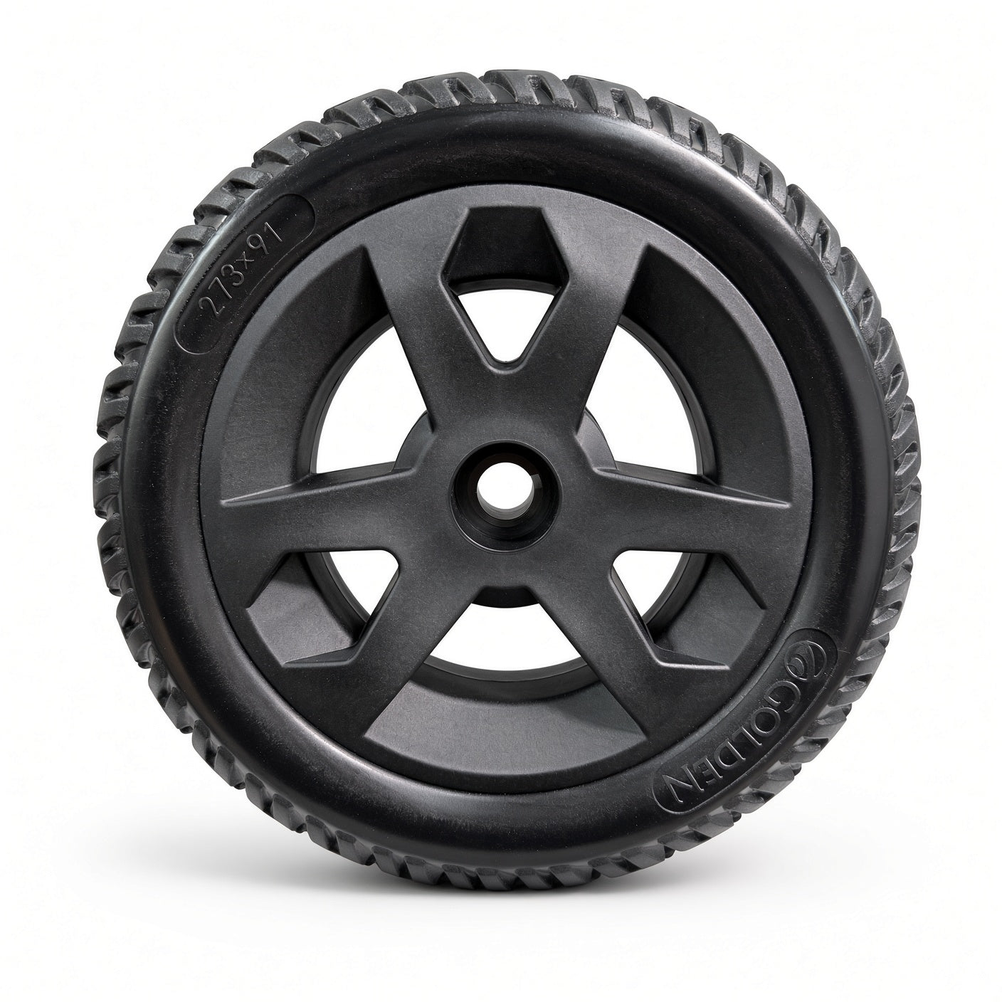 Outer side of the Golden Companion II (GC340B/E & GC440B/E) rear wheel assembly MBW-0023, showing the black rim, center hub, and Golden and 273x91 sidewall markings.