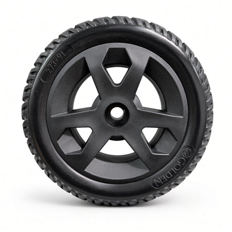 Outer side of the Golden Companion II (GC340B/E & GC440B/E) rear wheel assembly MBW-0023, showing the black rim, center hub, and Golden and 273x91 sidewall markings.