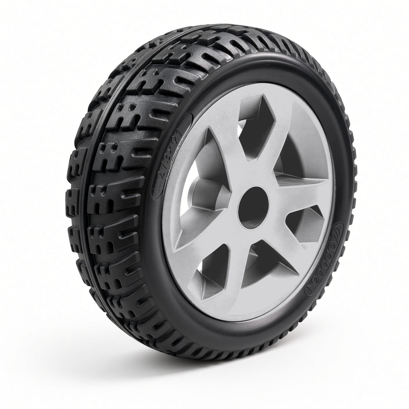 Golden Companion II 4-Wheel (GC440) silver rear wheel assembly MBW-0020, angled view showing the black tire tread and silver rim.