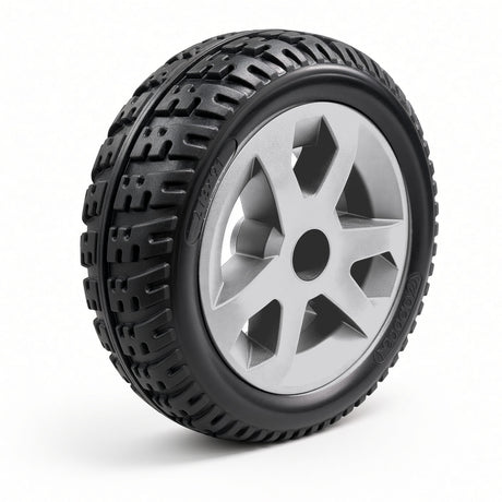 Golden Companion II 4-Wheel (GC440) silver rear wheel assembly MBW-0020, angled view showing the black tire tread and silver rim.