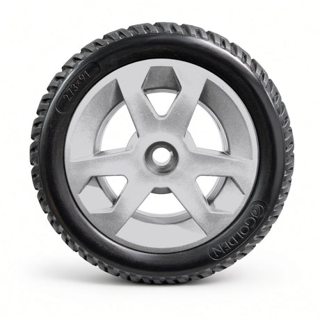 Outer side of the Golden GC440 silver rear wheel assembly MBW-0020, showing the silver rim, center hub, and Golden and 273x91 sidewall markings.