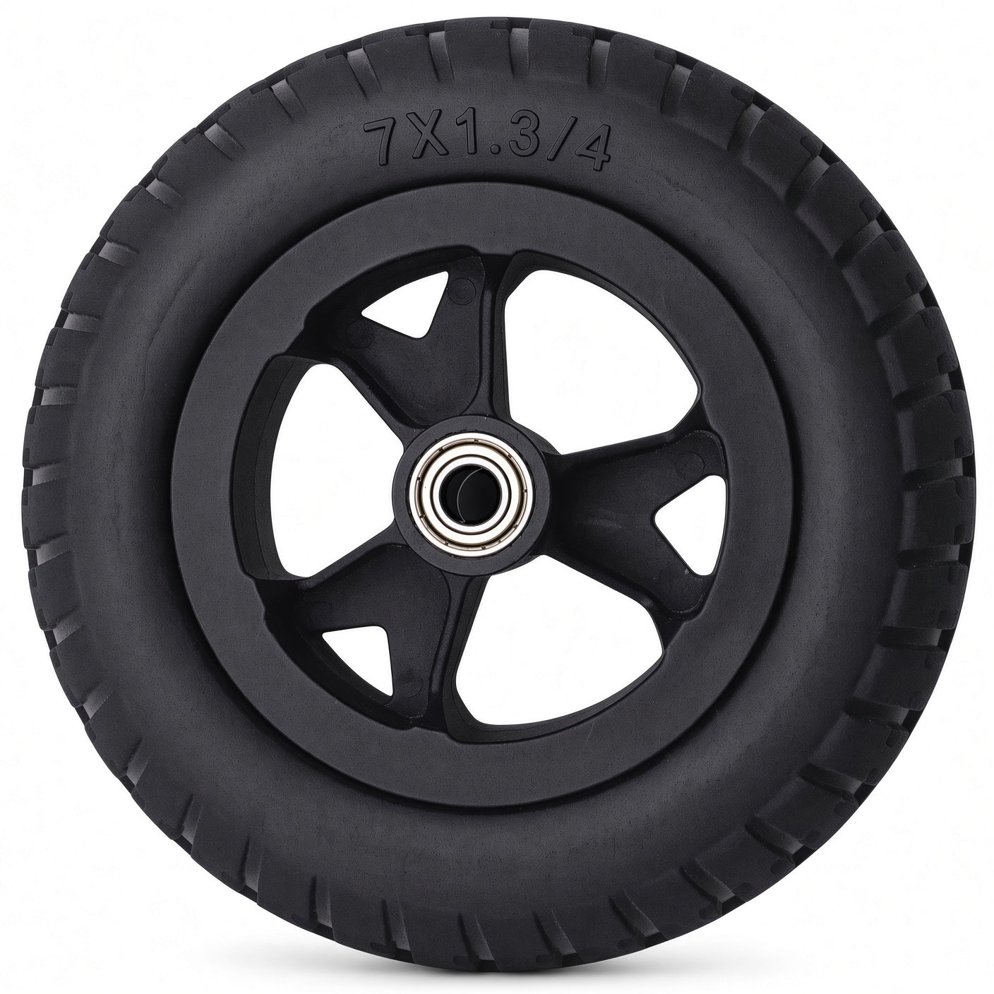 Golden Cricket Travel Power Chair Wheel - A black rubber wheel with a multi-spoke hub and a visible silver ball bearing in the center, photographed on a clean white background. The tire size '7X1.