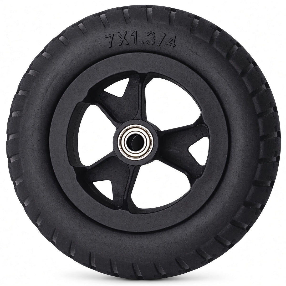 Golden Cricket Travel Power Chair Wheel - A black rubber wheel with a multi-spoke hub and a visible silver ball bearing in the center, photographed on a clean white background. The tire size '7X1.
