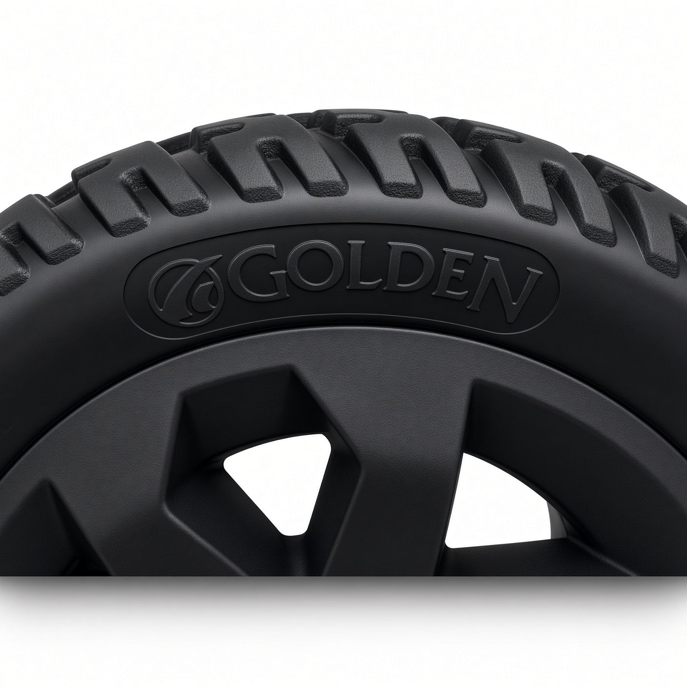 Close-up of the Golden logo molded into the tire sidewall of the Golden Companion II (GC340B/E & GC440B/E) rear wheel MBW-0023, with tread detail.