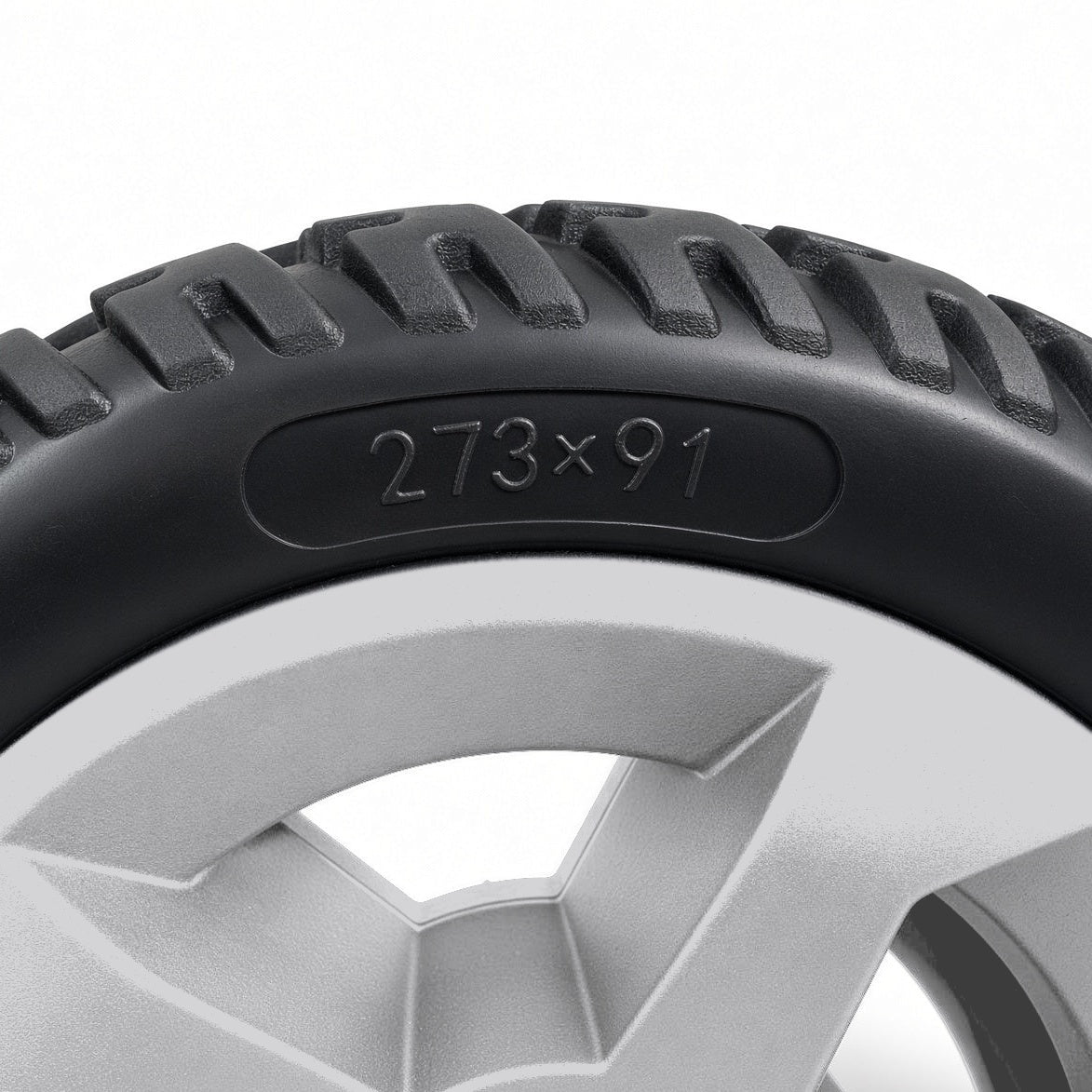 Close-up of the 273x91 tire size marking on the sidewall of the Golden Companion II GC440 silver rear wheel MBW-0020.