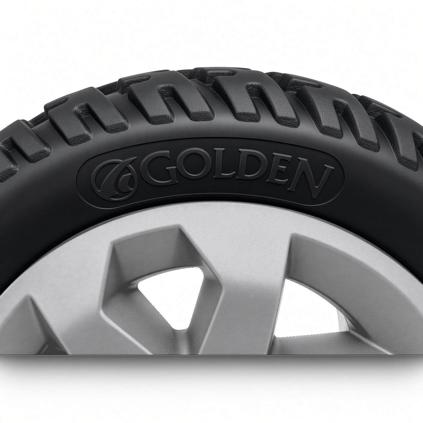 Close-up of the Golden logo molded into the tire sidewall of the Golden Companion II GC440 silver rear wheel MBW-0020, with tread detail.