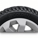 Close-up of the Golden logo molded into the tire sidewall of the Golden Companion II GC440 silver rear wheel MBW-0020, with tread detail.