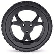 Rear drive wheel for the Golden Cricket GP302 travel power chair, black rubber tire with multi-spoke hub.