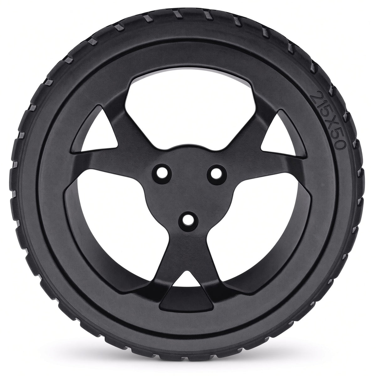 Rear drive wheel for the Golden Cricket GP302 travel power chair, black rubber tire with multi-spoke hub.